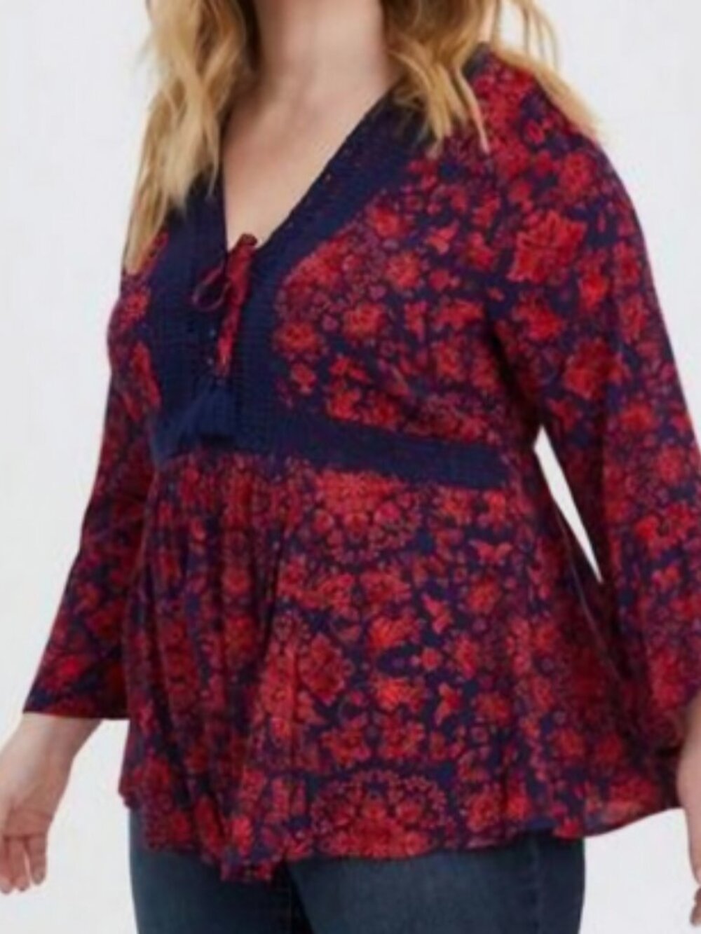 Torrid Red and Navy Floral Crinkle Gauze Babydoll Blouse 2X